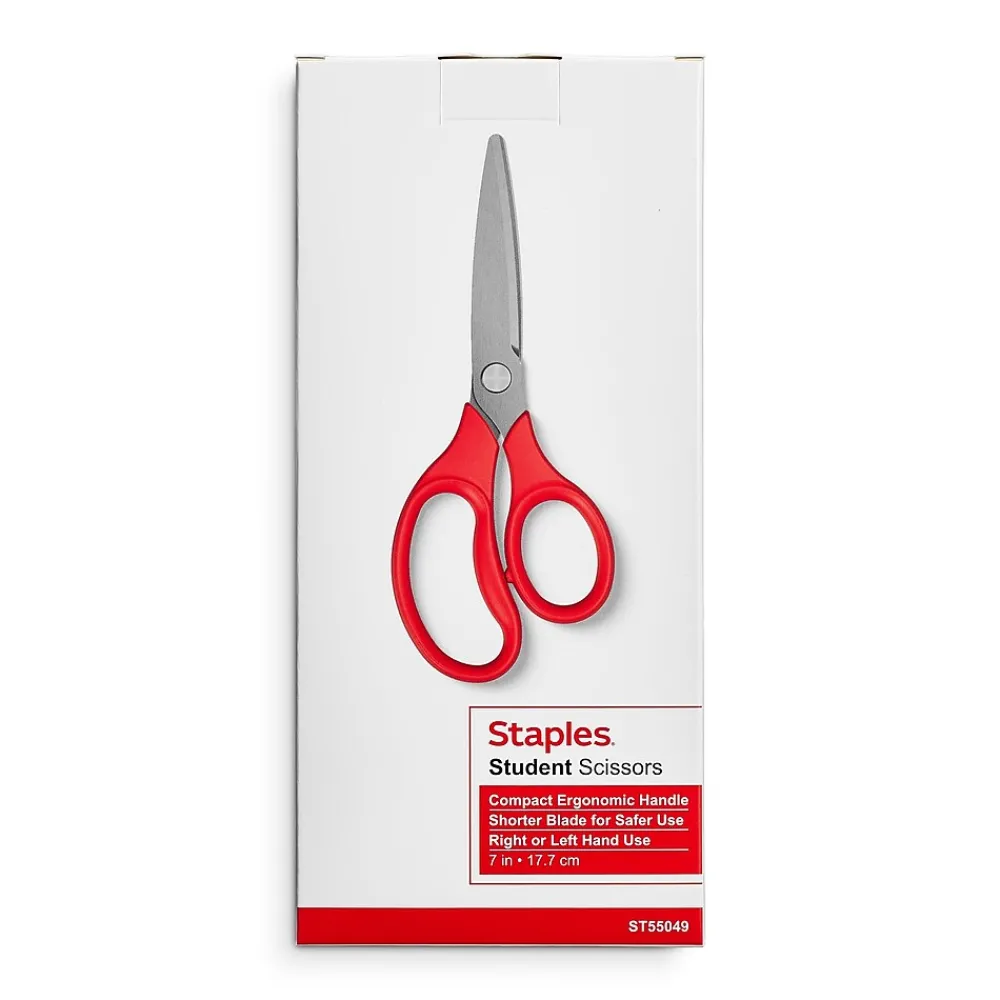 Scissors|Staples Student 7" Stainless Steel Scissors, Pointed Tip, Red (TR55049)