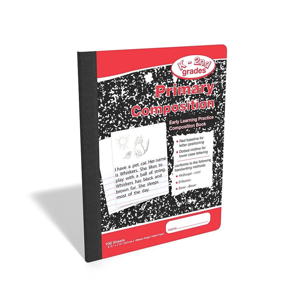 Notebooks|Staples 1-Subject Composition Notebooks, 7.5" x 9.75", Primary Ruled, 100 Sheets, Black/Red (42079C)