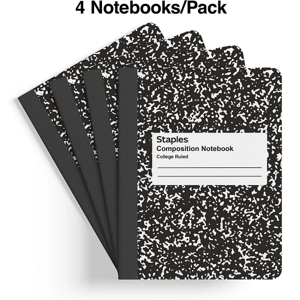 Composition Notebooks|Staples 1-Subject Composition Notebooks, 7.5" x 9.75", College Ruled, 100 Sheets, , 4/Pack (ST58371C) Black