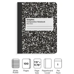 Composition Notebooks|Staples 1-Subject Composition Notebook, 7.5" x 9.75", Wide Ruled, 100 Sheets, (ST55076C) Black