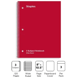 Subject Notebooks|Staples 3-Subject Notebook, 8" x 10.5", Wide Ruled, 120 Sheets, Assorted Colors, 3/Pack (TR11669)