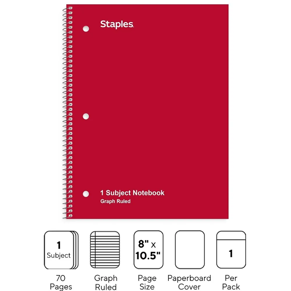 Subject Notebooks|Staples 1-Subject Notebooks, 8" x 10.5", Graph Ruled, 70 Sheets, (ST23984C) Red