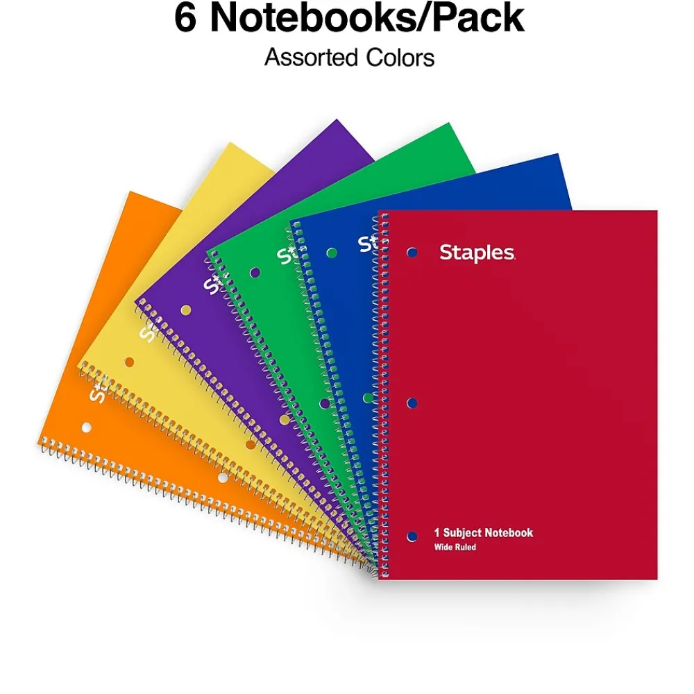 Notebooks|Staples 1-Subject Notebooks, 8" x 10.5", Wide Ruled, 70 Sheets, Assorted Colors, 6/Pack (ST11667C)