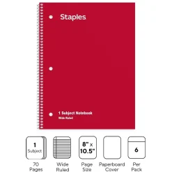 Subject Notebooks|Staples 1-Subject Notebooks, 8" x 10.5", Wide Ruled, 70 Sheets, Assorted Colors, 72/Pack (TR11667CT)