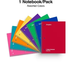 Notebooks|Staples 1-Subject Notebooks, 8" x 10.5", College Ruled, 70 Sheets, Assorted Colors, 48/Pack (10871)