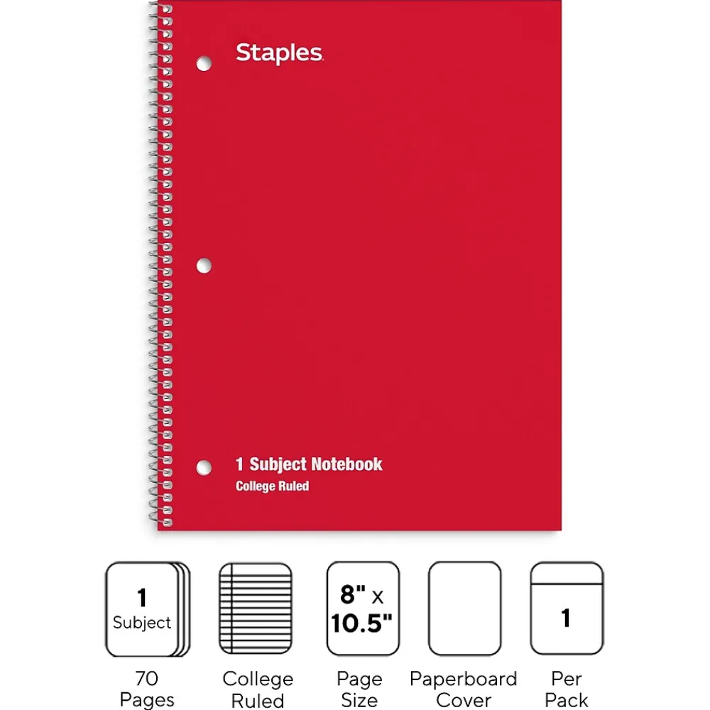 Notebooks|Staples 1-Subject Notebooks, 8" x 10.5", College Ruled, 70 Sheets, Assorted Colors, 48/Pack (10871)