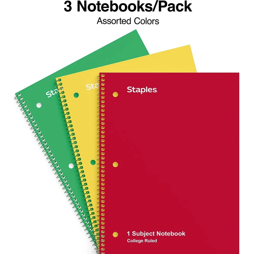 Subject Notebooks|Staples 1-Subject Notebooks, 8" x 10.5", College Ruled, 70 Sheets, Assorted Colors, 3/Pack (ST58375C)