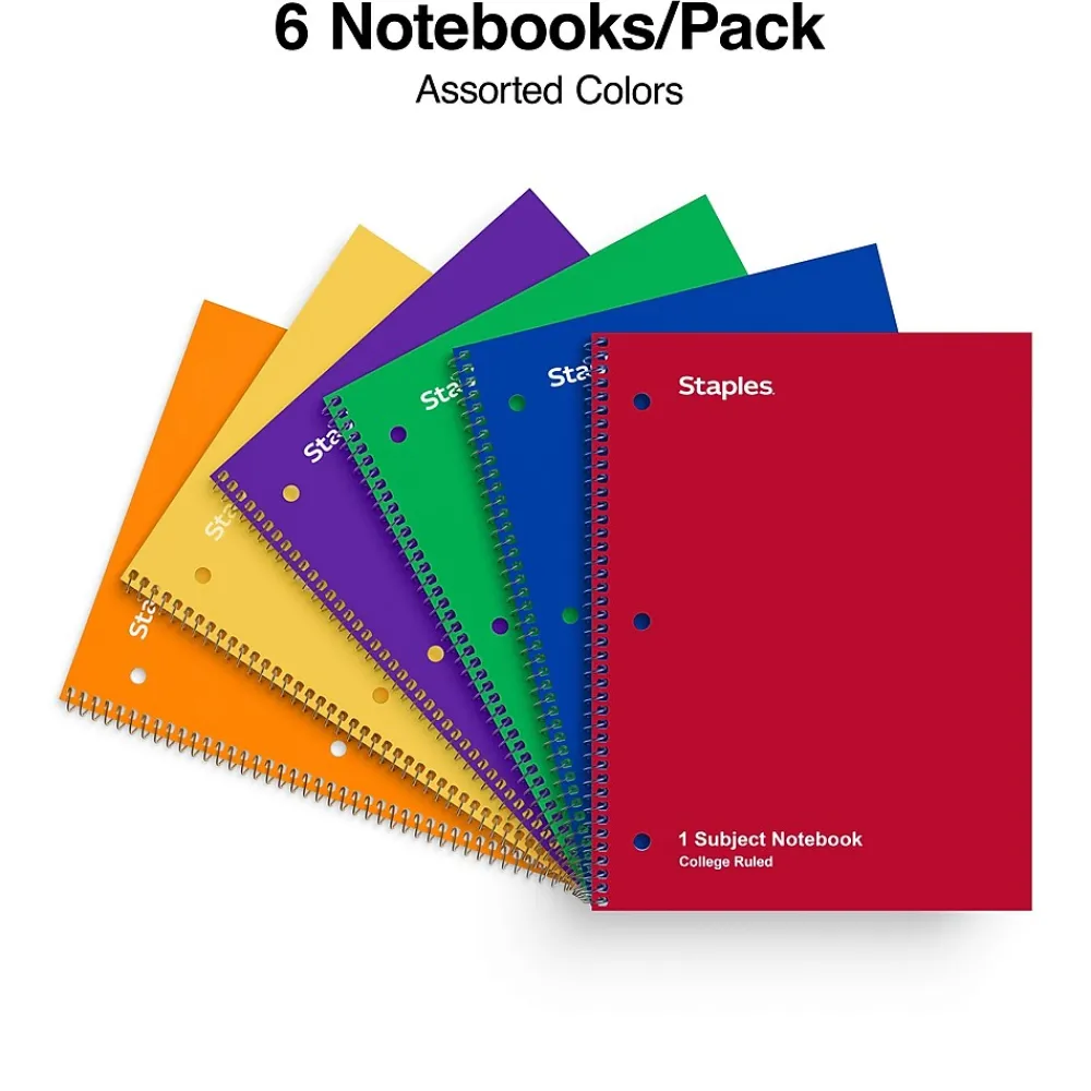 Subject Notebooks|Staples 1-Subject Notebooks, 8" x 10.5", College Ruled, 70 Sheets, Assorted Colors, 6/Pack (ST58376C)