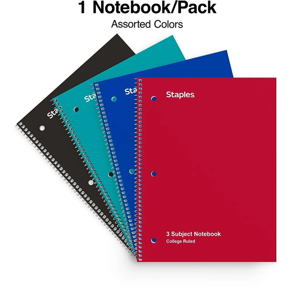 Subject Notebooks|Staples ® 3-Subject Subject Notebooks, 8.5" x 11", College Ruled, 150 Sheets, Assorted (27524M)