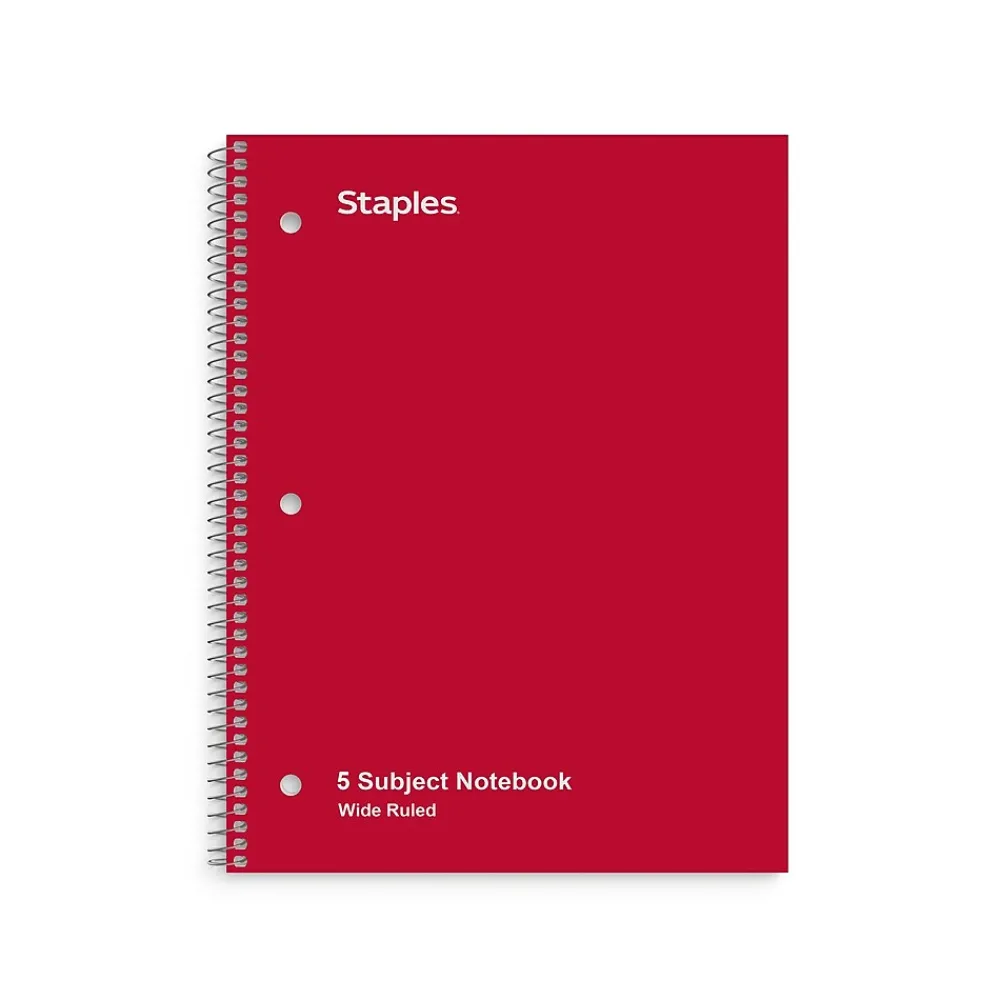 Subject Notebooks|Staples ® 5-Subject Subject Notebooks, 8" x 10.5", Wide Ruled, 200 Sheets, Assorted Colors (52694M)