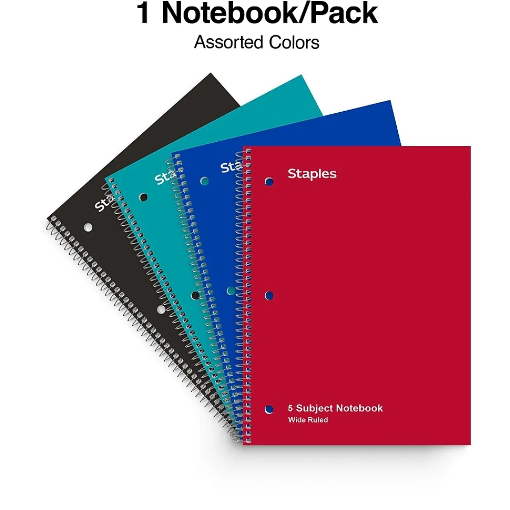 Subject Notebooks|Staples ® 5-Subject Subject Notebooks, 8" x 10.5", Wide Ruled, 200 Sheets, Assorted Colors (52694M)