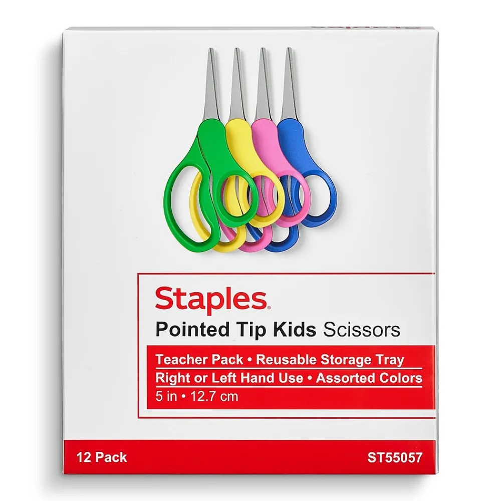 Scissors|Staples Teacher Pack 5" Kids Pointed Tip Stainless Steel Scissors, Straight Handle, Right & Left Handed, 12/Pack (TR55057)
