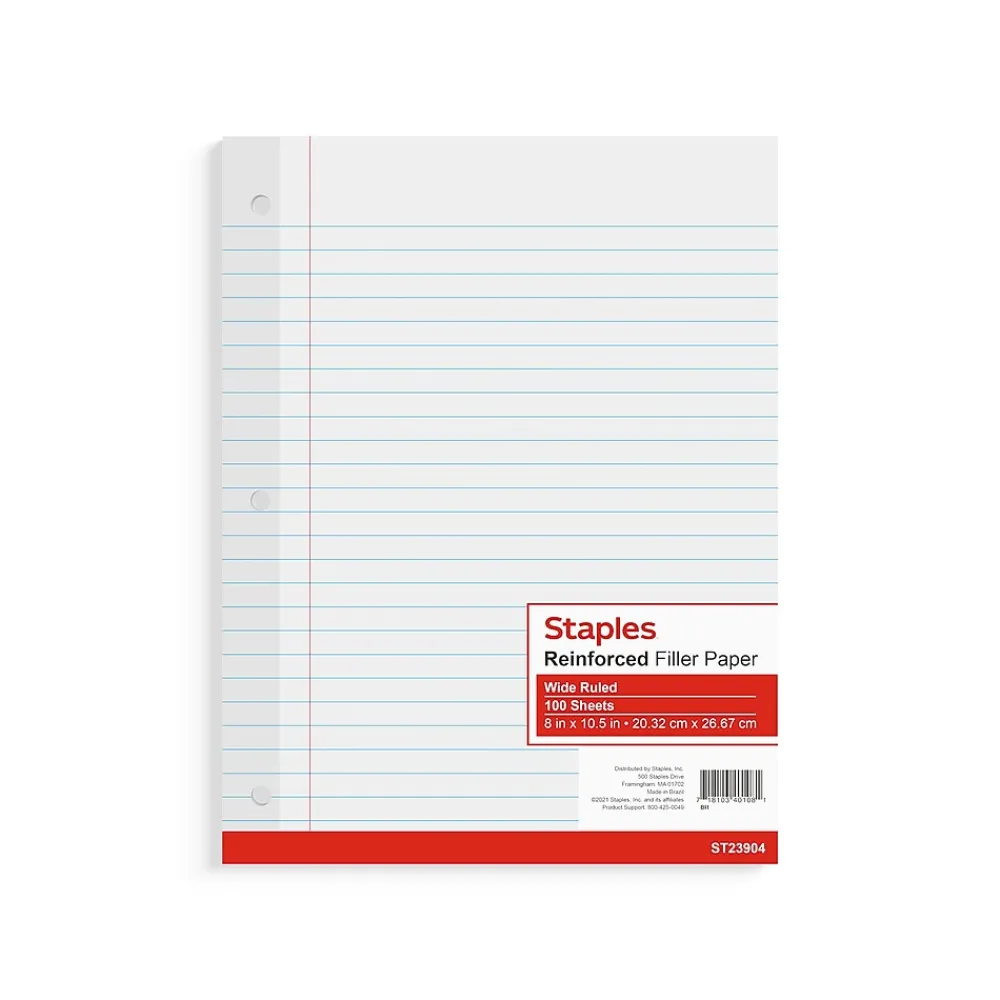 Filler Paper|Staples Wide Ruled Filler Paper, 8" x 10.5", White, 100 Sheets/Pack, 12 Packs/Carton (TR23904)