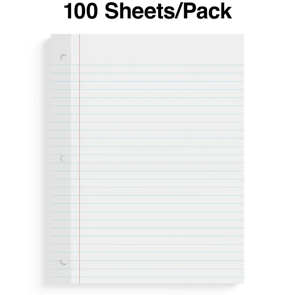 Filler Paper|Staples Wide Ruled Filler Paper, 8" x 10.5", White, 100 Sheets/Pack, 12 Packs/Carton (TR23904)