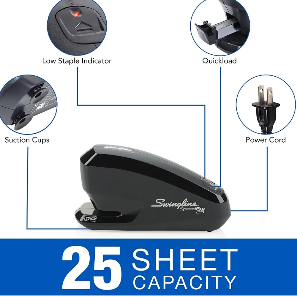 Staplers|Swingline Speed Pro™ Electric Stapler Value Pack (Premium Staples & Staple Remover Included), 25 Sheet Capacity, Black (42140)