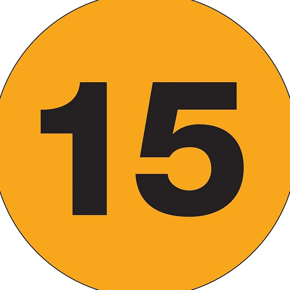 Labels|Tape Logic 2" Circle "15" Number Label, Fluorescent Orange, 500/Roll
