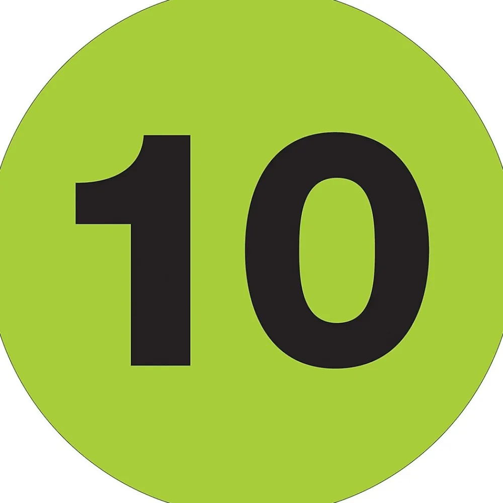 Labels|Tape Logic 1" Circle "10" Number Label, Fluorescent Green, 500/Roll