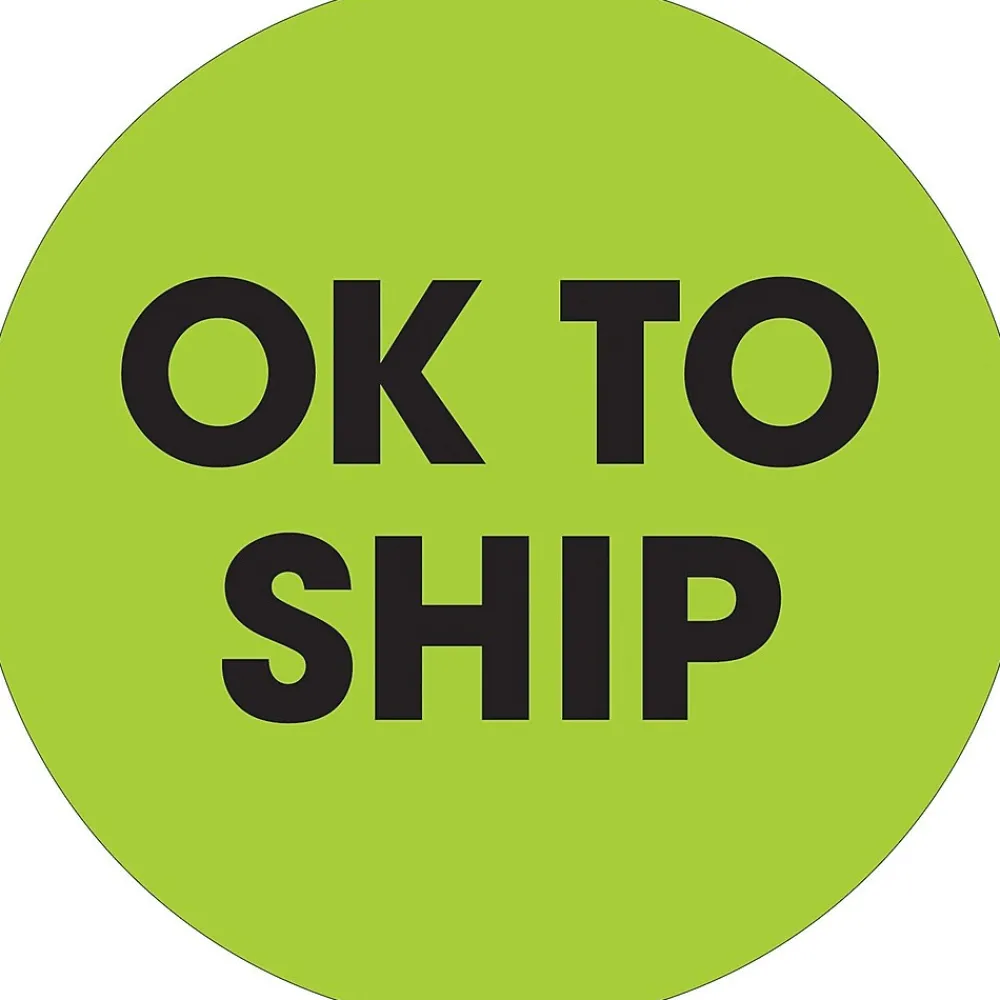 Labels|Tape Logic 2" Circle "OK To Ship" Label, Fluorescent Green, 500/Roll