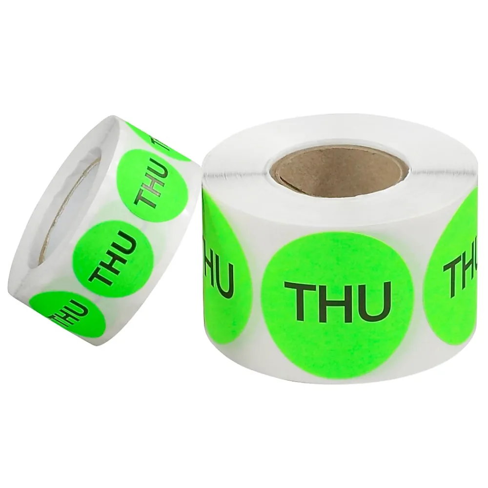 Labels|Tape Logic 1" Circle "THU" Days of the Week Label, Fluorescent Green, 500/Roll