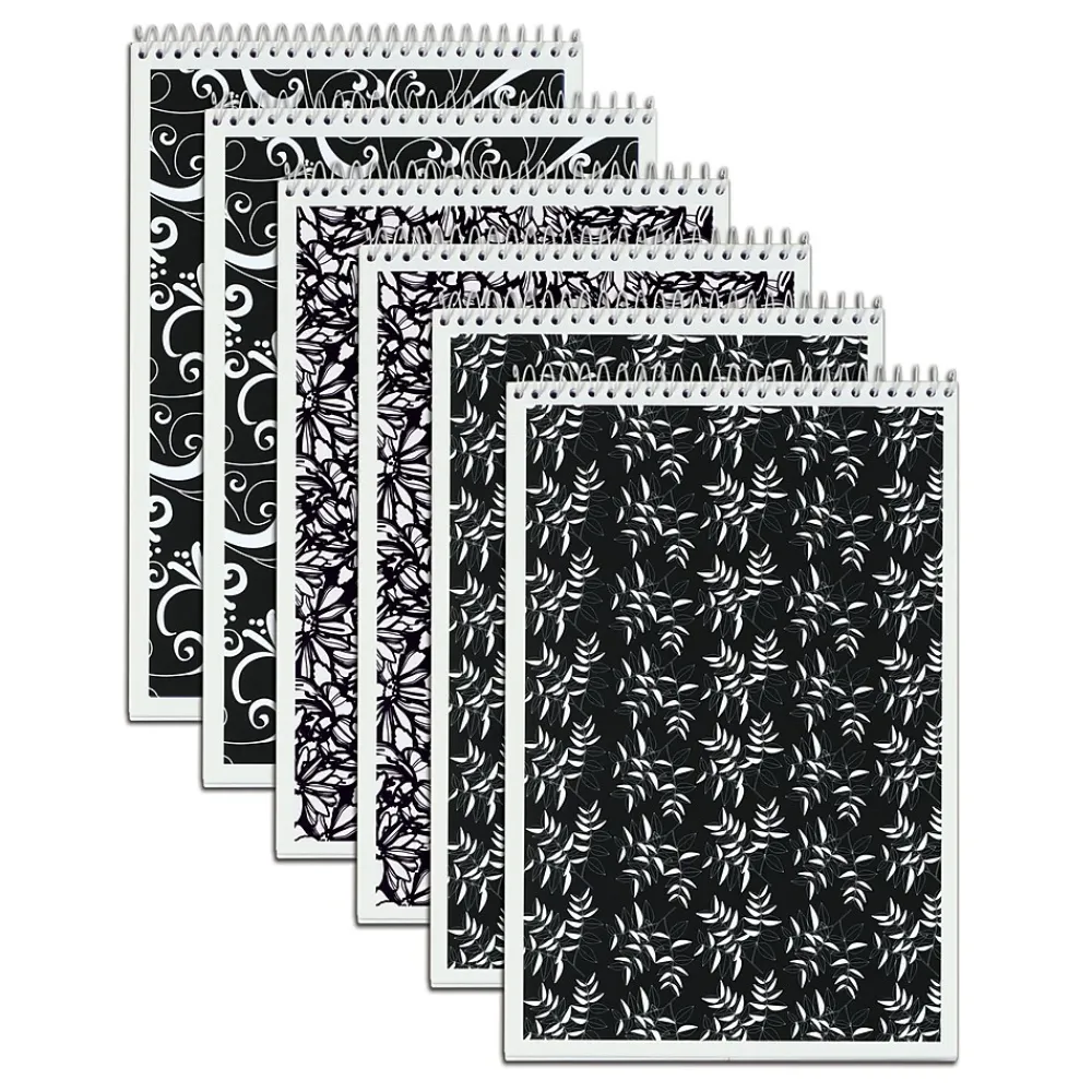 Notepads|TOPS Designer Steno Pads, 6" x 9", Gregg Ruled, Black/White, 80 Sheets/Pad, 6 Pads/Pack (80230)