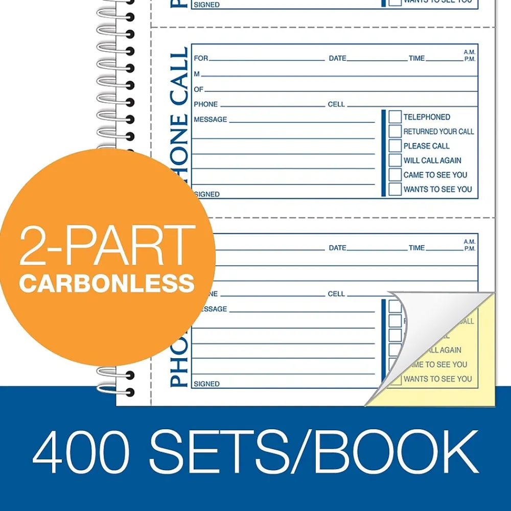 Notepads|TOPS ® Phone Message Book, Ruled, 2-Part, 11" x 5 1/2" White/White, (74620)