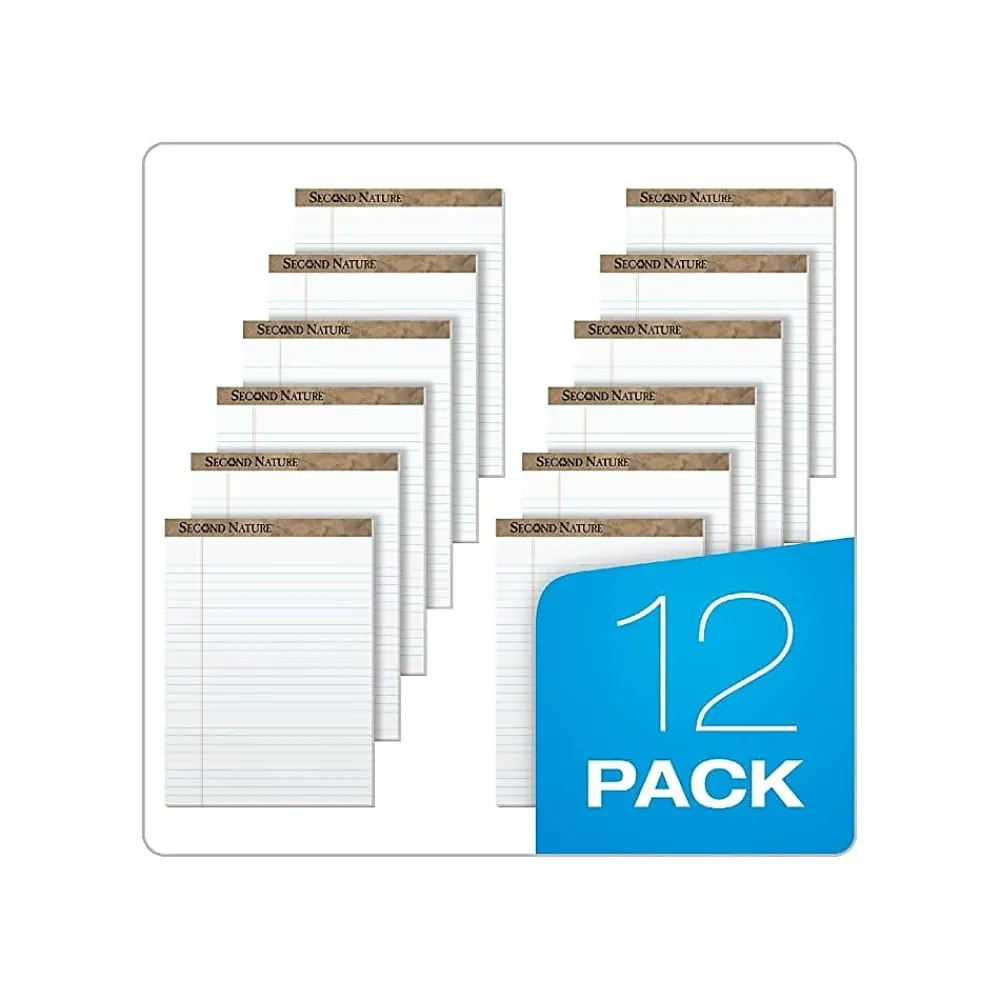 Notepads|TOPS Second Nature Notepad, 8.5" x 11.75", Wide Ruled, White, 50 Sheets/Pad, Dozen (74880)