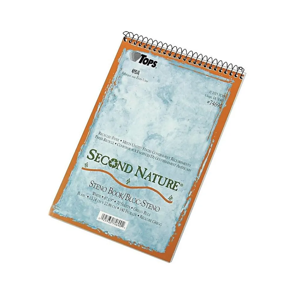 Notepads|TOPS Second Nature Steno Pad, 6" x 9", Gregg Ruled, White, 70 Sheets/Pad (TOP 74690)