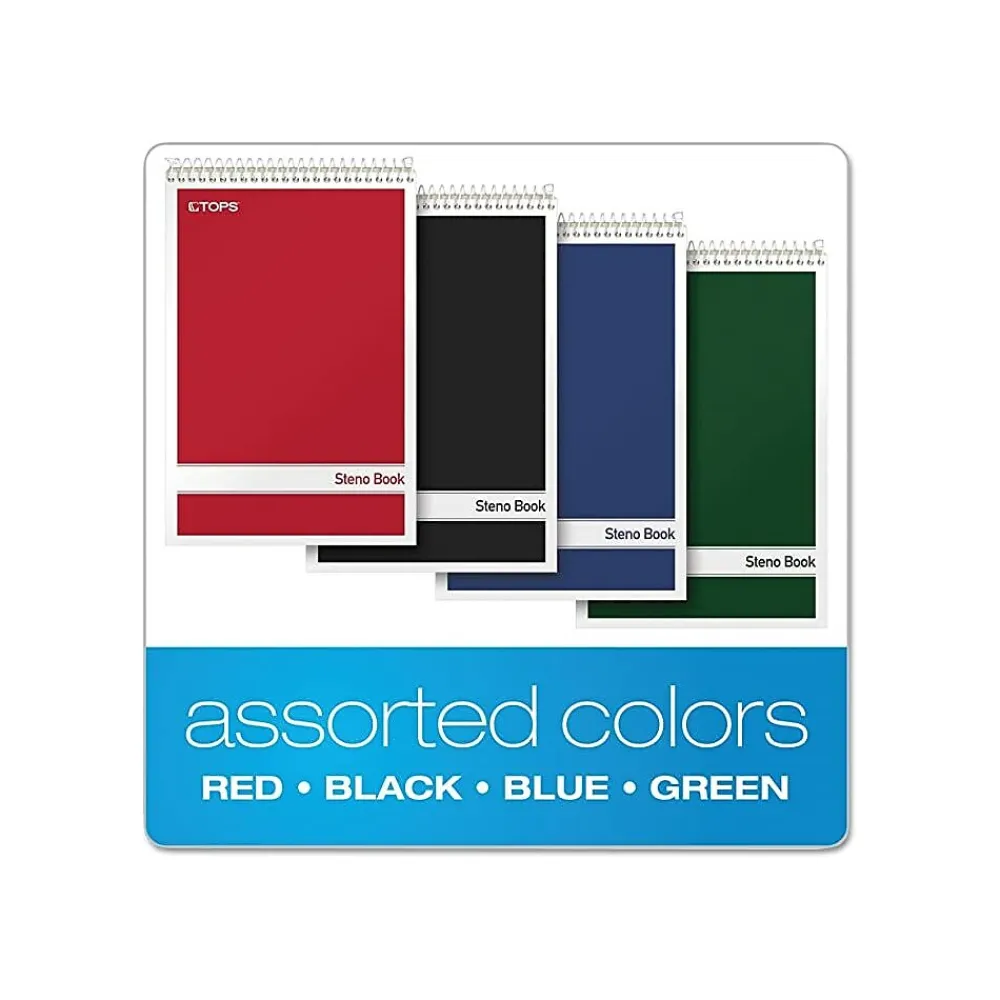 Notepads|TOPS Steno Book, 6" x 9", Gregg Ruled, 80 Sheets, Assorted Colors, 4/Pack (80221)