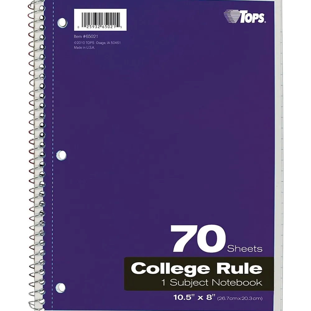 Subject Notebooks|TOPS 1-Subject Notebook, 8" x 10.5", College Ruled, 70 Sheets, Assorted Colors (TOP 65021)