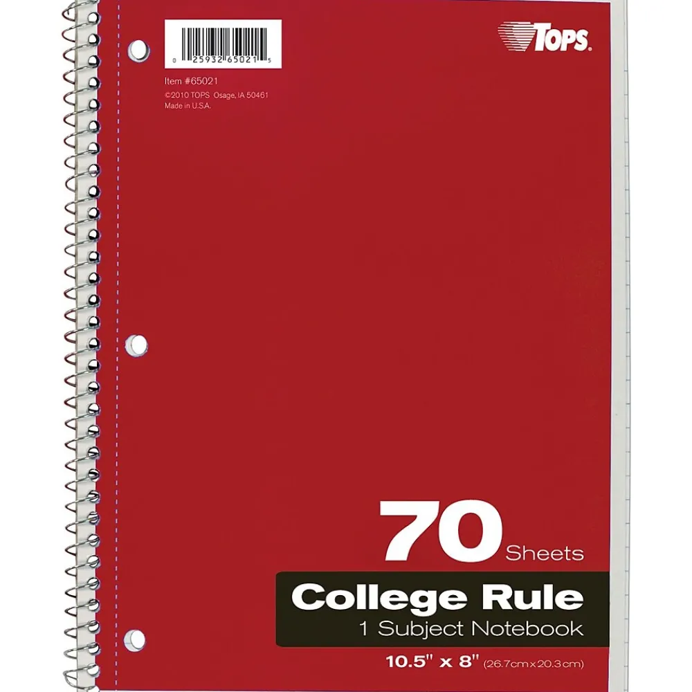 Subject Notebooks|TOPS 1-Subject Notebook, 8" x 10.5", College Ruled, 70 Sheets, Assorted Colors (TOP 65021)