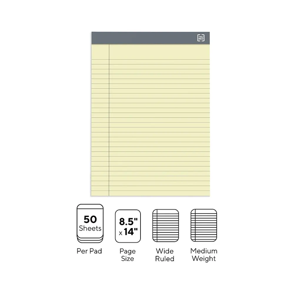 Notepads|TRU RED ™ Achieve Notepad, 8.5" x 11.75", Wide Ruled, Canary, 50 Sheets/Pad, 6 Pads/Pack (TR57364)