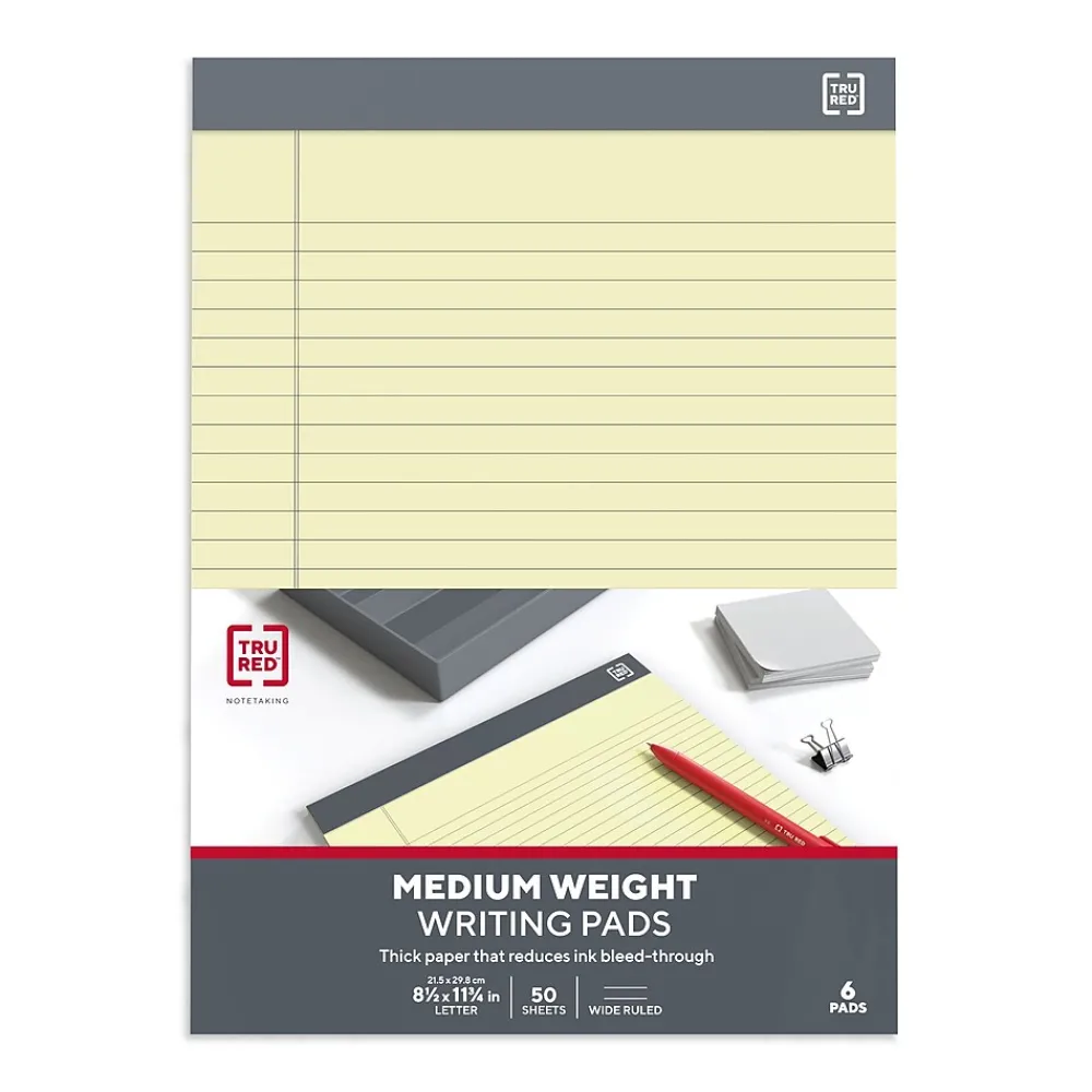 Notepads|TRU RED ™ Achieve Notepad, 8.5" x 11.75", Wide Ruled, Canary, 50 Sheets/Pad, 6 Pads/Pack (TR57364)