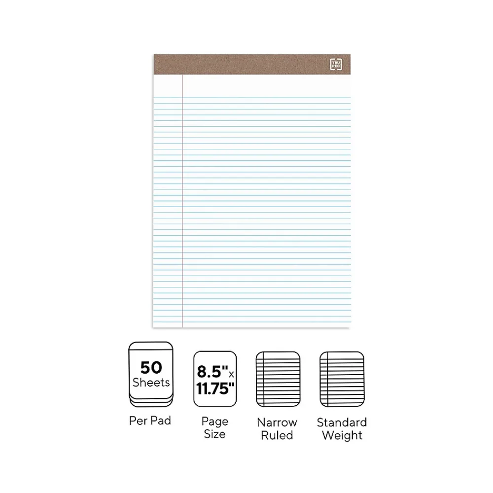 Notepads|TRU RED ™ Notepad, 8.5" x 11.75", Narrow Ruled, , 50 Sheets/Pad, Dozen (TR59938/TR58187) White