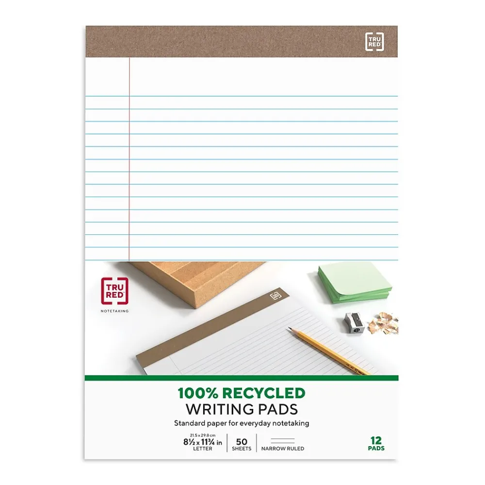 Notepads|TRU RED ™ Notepad, 8.5" x 11.75", Narrow Ruled, , 50 Sheets/Pad, Dozen (TR59938/TR58187) White