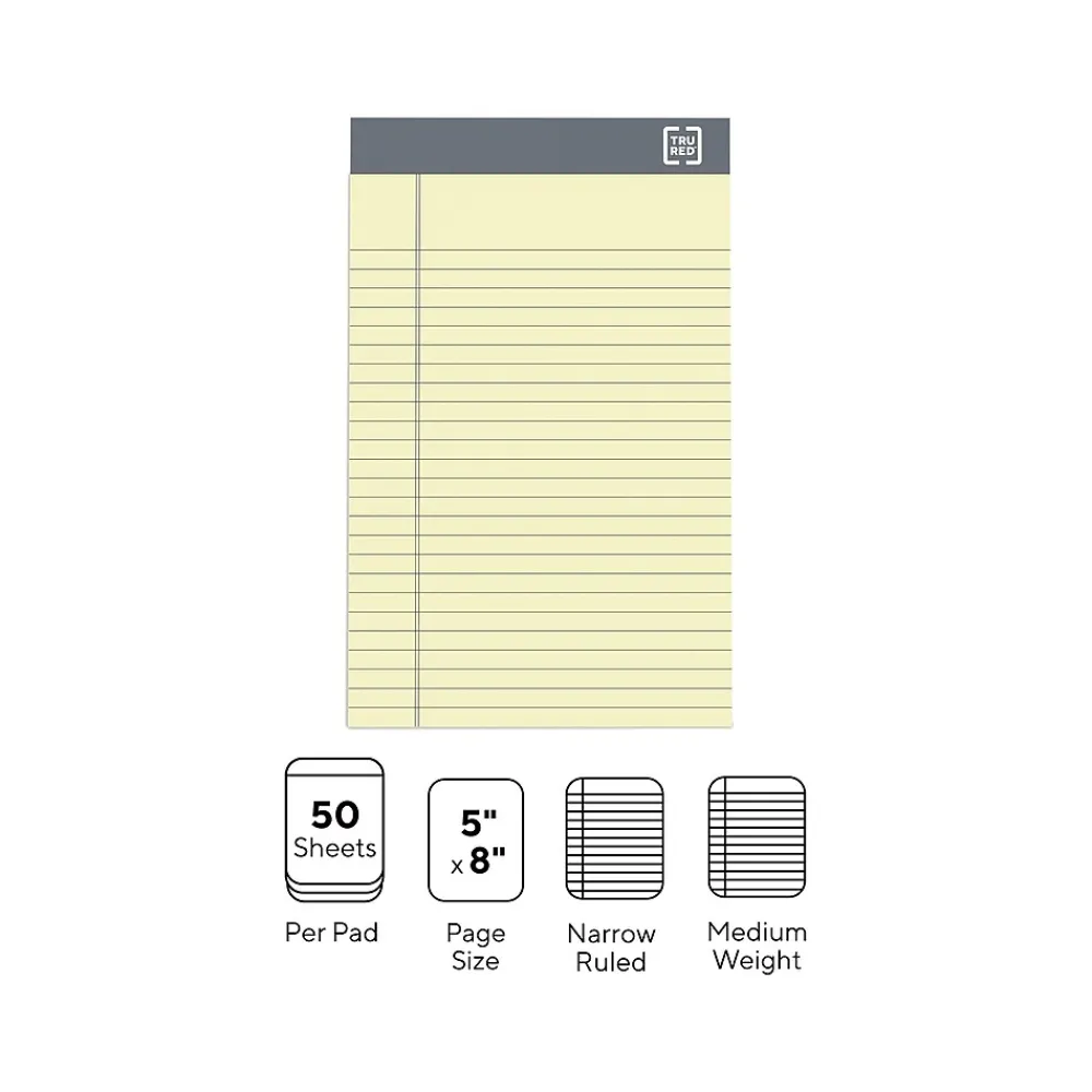 Notepads|TRU RED ™ Notepads, 5" x 8", Narrow Ruled, Canary, 50 Sheets/Pad, 12 Pads/Pack (TR57359)