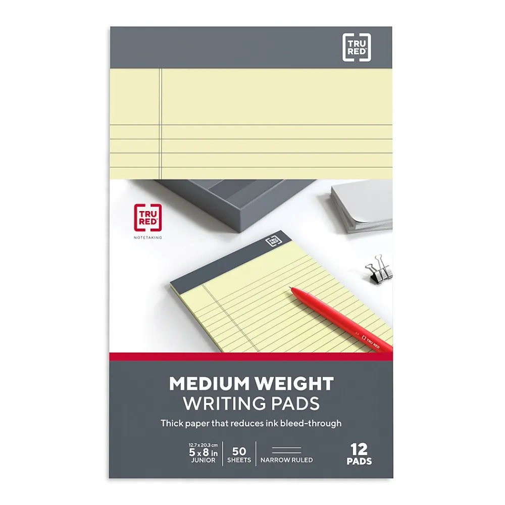 Notepads|TRU RED ™ Notepads, 5" x 8", Narrow Ruled, Canary, 50 Sheets/Pad, 12 Pads/Pack (TR57359)