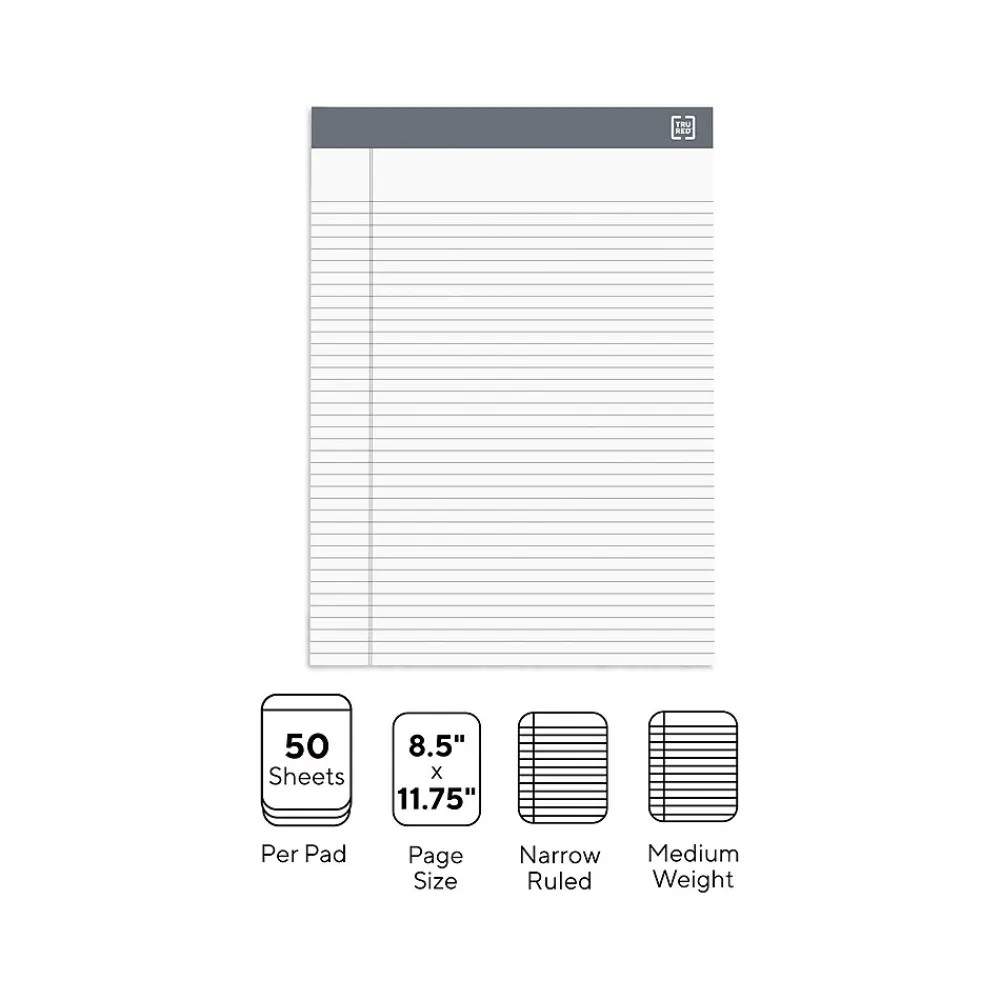 Notepads|TRU RED ™ Notepads 8.5" x 11.75", Narrow Ruled, White, 50 Sheets/Pad, 12 Pads/Pack (TR57369)