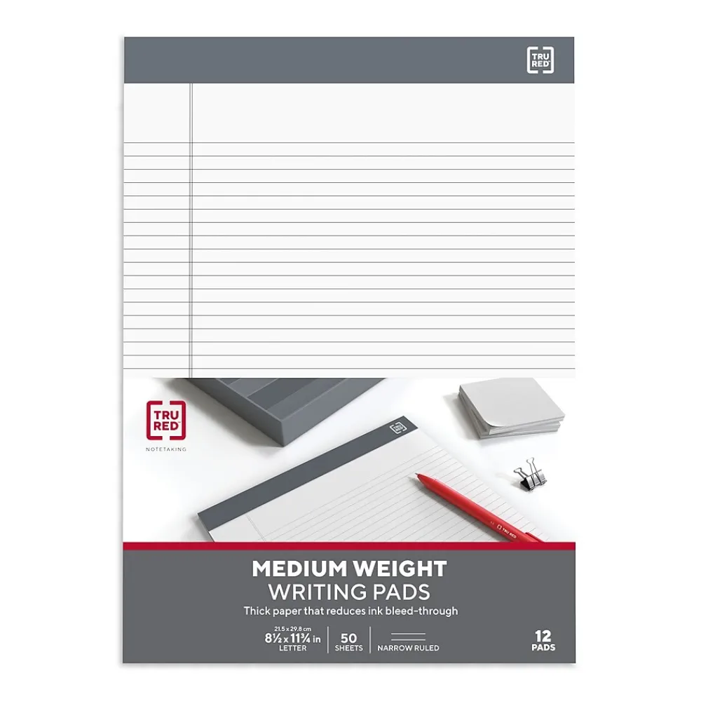 Notepads|TRU RED ™ Notepads 8.5" x 11.75", Narrow Ruled, White, 50 Sheets/Pad, 12 Pads/Pack (TR57369)