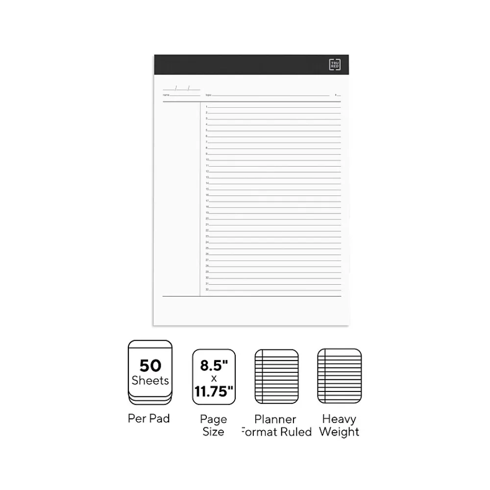 Notepads|TRU RED ™ Notepads, 8.5" x 11.75", Project Planner Format Ruled, White, 50 Sheets/Pad, 6 Pads/Pack (TR57379)