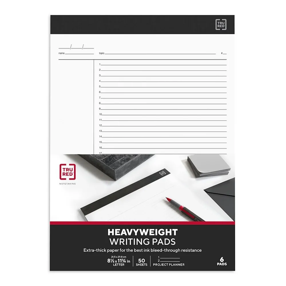 Notepads|TRU RED ™ Notepads, 8.5" x 11.75", Project Planner Format Ruled, White, 50 Sheets/Pad, 6 Pads/Pack (TR57379)