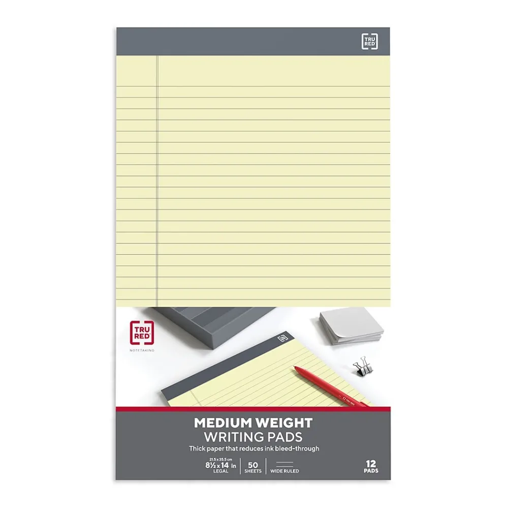 Notepads|TRU RED ™ Notepads, 8.5" x 14", Wide Ruled, , 50 Sheets/Pad, 12 Pads/Pack (TR57371) Canary