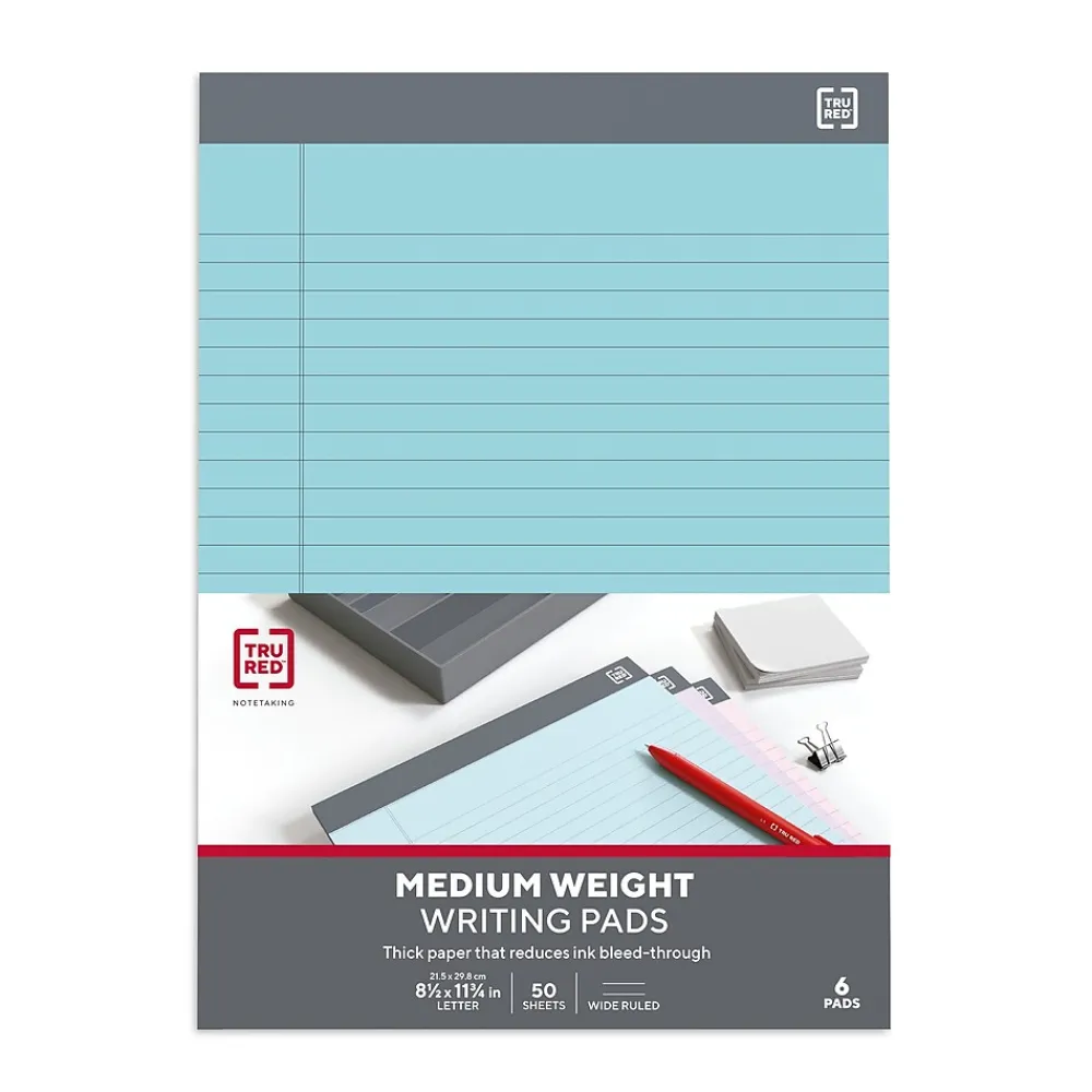 Notepads|TRU RED ™ Notepads, 8.5" x 11.75", Wide Ruled, Pastels, 50 Sheets/Pad, 6 Pads/Pack (TR57363)