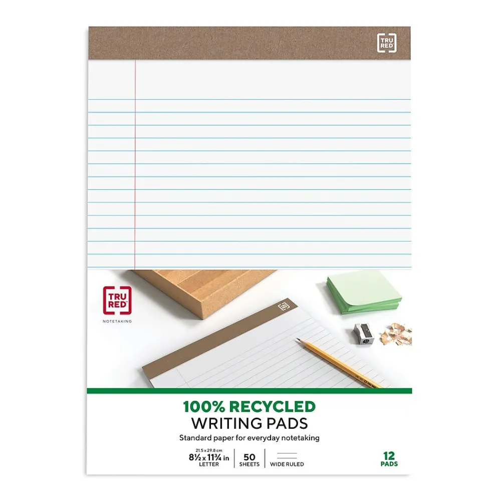 Notepads|TRU RED ™ Notepads, 8.5" x 11.75", Wide Ruled, , 50 Sheets/Pad, Dozen Pads/Pack (TR58185) White