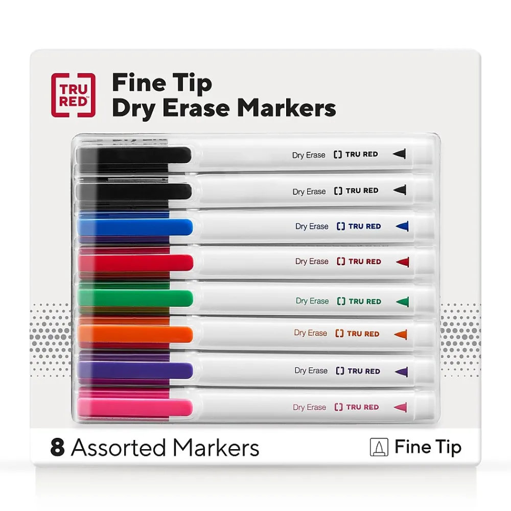 Markers|TRU RED ™ Pen Dry Erase Markers, Fine Tip, Assorted, 8/Pack (TR61443/TR56881)