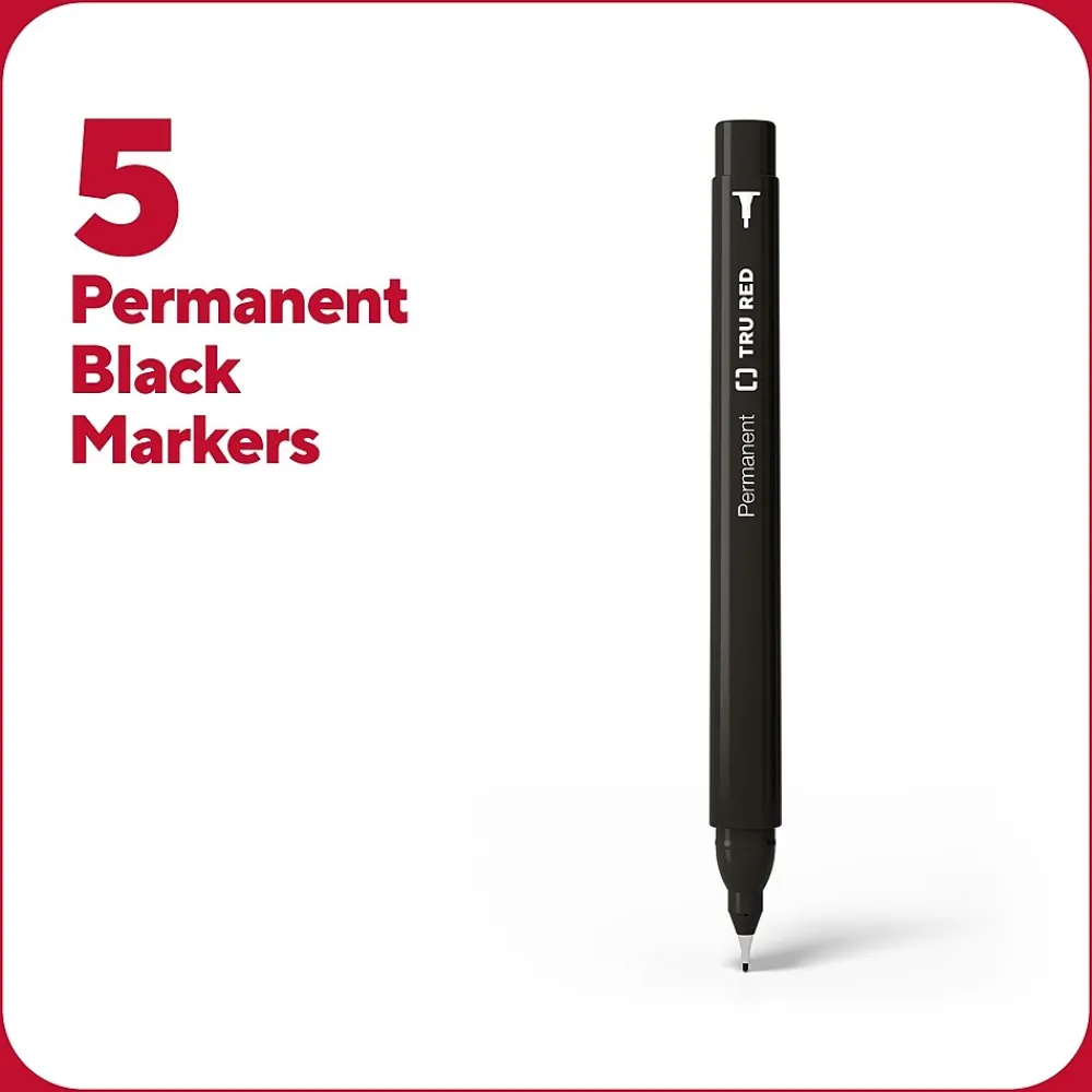 Markers|TRU RED ™ Pen Permanent Markers, Ultra Fine Tip, Black, 5/Pack (TR54525)