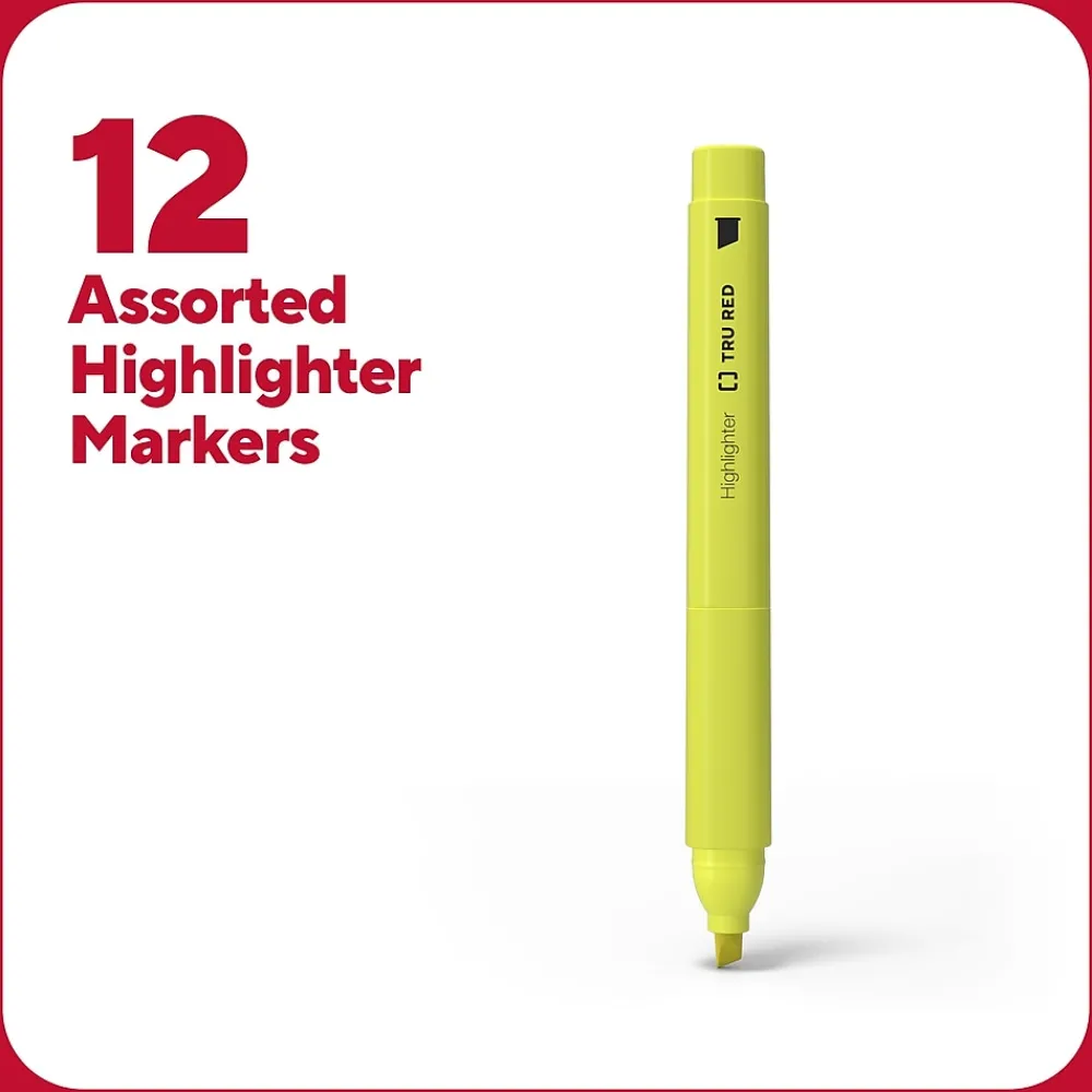 Highlighters|TRU RED ™ Pocket Stick Highlighter with Grip, Chisel Tip, Assorted, 12/Pack (TR54586)