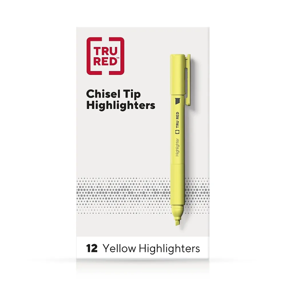 Highlighters|TRU RED ™ Pocket Stick Highlighter with Grip, Chisel Tip, Yellow, Dozen (TR54580)