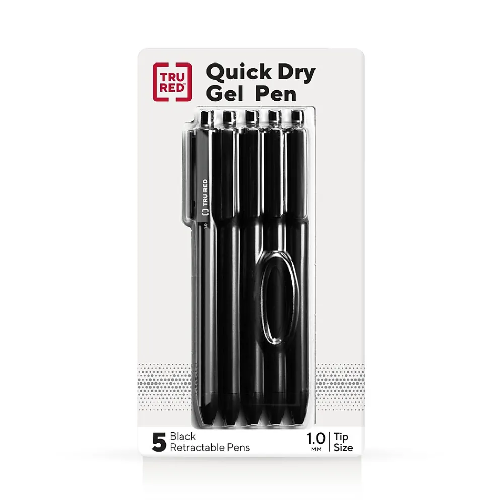 Pens|TRU RED ™ Retractable Quick Dry Gel Pen, Medium Point, 1.0mm, Black, 5/Pack (TR56952)