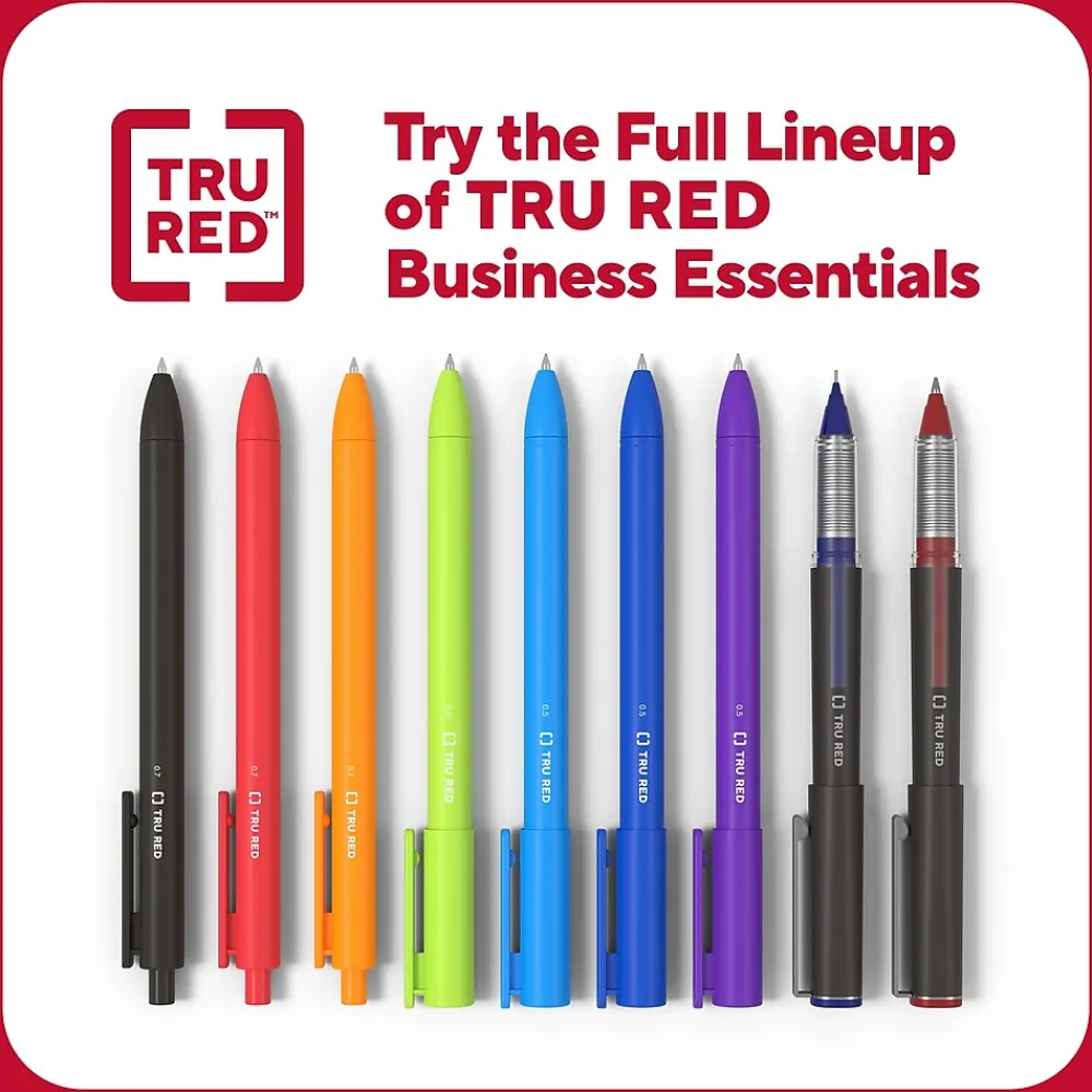 Pens|TRU RED ™ Retractable Quick Dry Gel Pen, Medium Point, 1.0mm, Black, 5/Pack (TR56952)