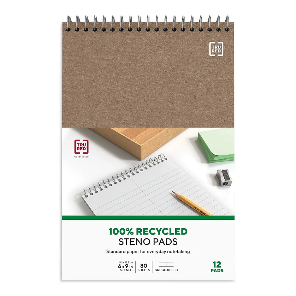 Notepads|TRU RED ™ Steno Pad, 6" x 9", Gregg Ruled, Kraft, 80 Sheets/Pad, Dozen (TR59940/TR58190)